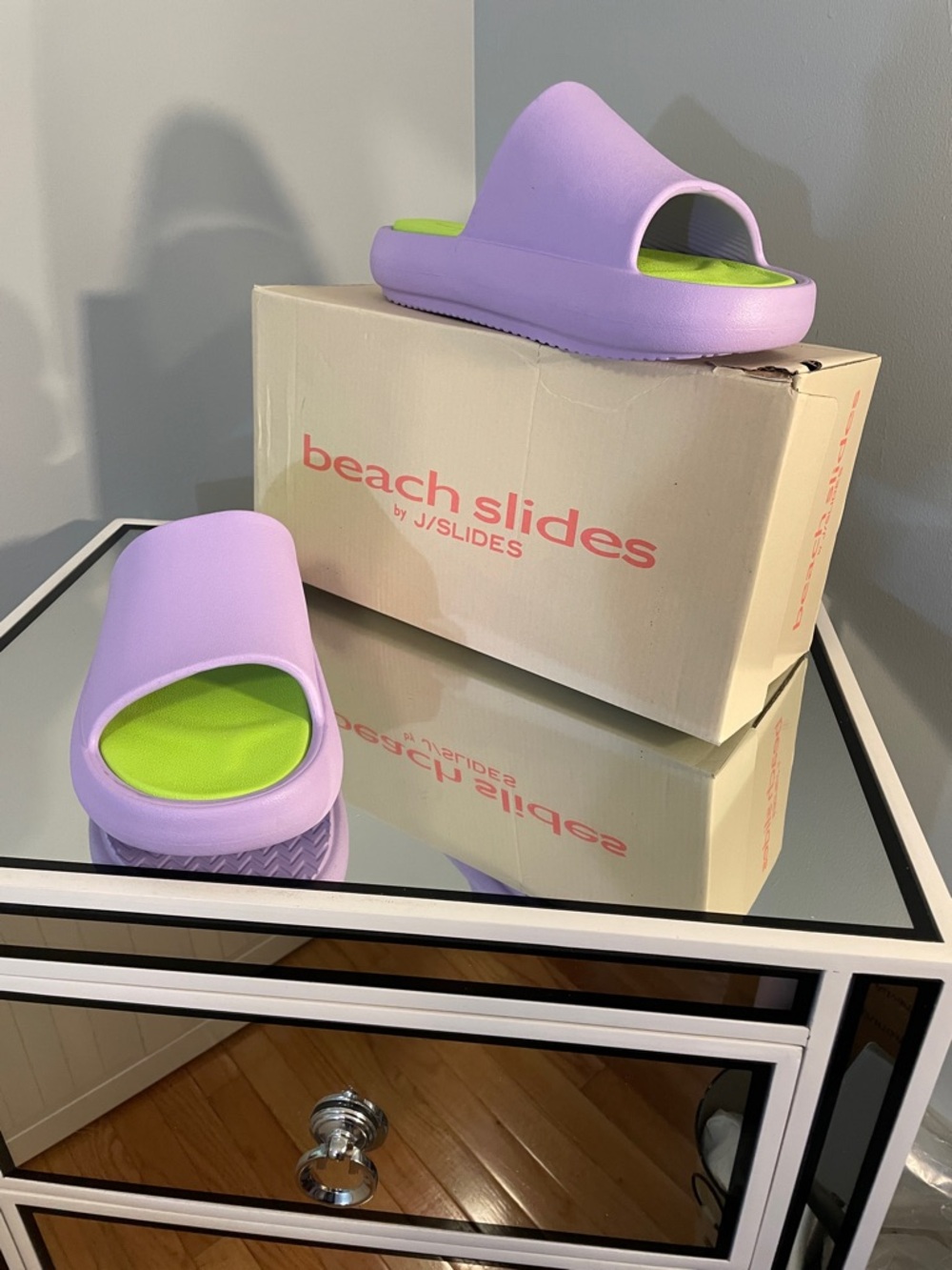 J/SLIDES Lavender Slide Sandals with Lime Footbed nwt J slides